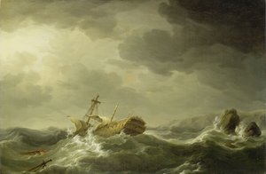 岩だらけの海岸で難破した船、c.1747-50